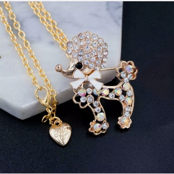 New 18k gold plated crystal poodle bow necklace/brooch - Picture 4 of 16